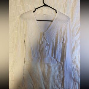 White Ribbed Tie-Front Longsleeve